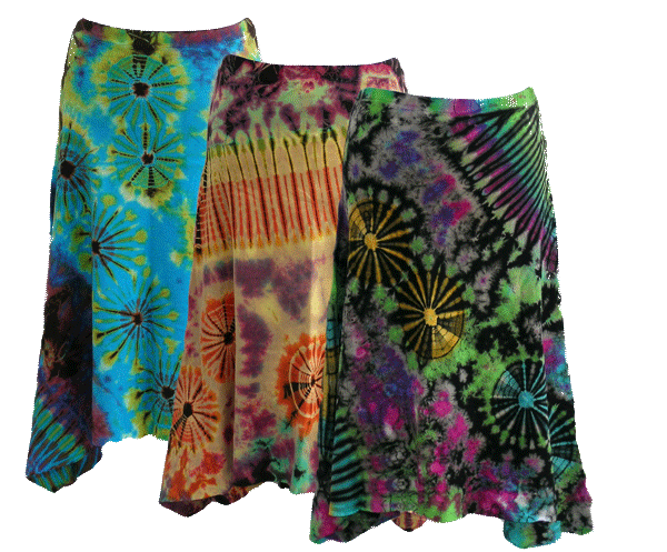 collection of Mudmee tie dye skirts in cotton jersey